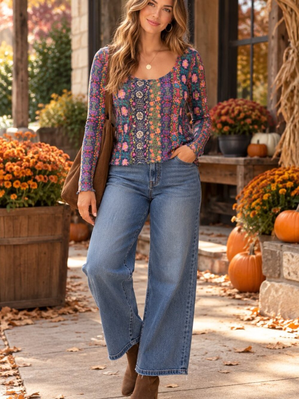 Natural Life Floral Paisley Long Sleeve Top XL Boho Lettuce Hem